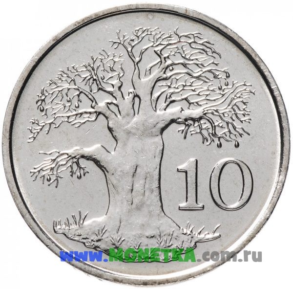 Монета Зимбабве 10 центов (cents) 2001 Баобаб (Adansonia digitata) для коллекционеров-нумизматов на сайте MONETKA.com.ru