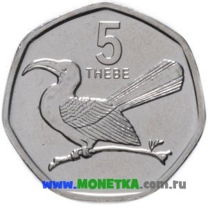 Монета Ботсвана 5 тхебе (thebe) 2013 год Птица Красноклювый токо (Tockus erythrorhynchus) для коллекционеров-нумизматов на сайте MONETKA.com.ru
