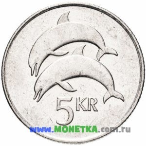 Монета Исландия 5 крон (kronur) 2008 год Дельфины (Delphinidae) для коллекционеров-нумизматов на сайте MONETKA.com.ru