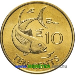 Монета Сейшельские острова 10 центов (cents) 2007 год Рыба Желтопёрый тунец (Желтохвостый тунец) (Thunnus albacares) для коллекционеров-нумизматов на сайте MONETKA.com.ru