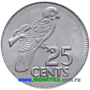 Монета Сейшельские острова 25 центов (cents) 2012 год Птица Малый попугай-ваза (Чёрный попугай) (Coracopsis nigra) для коллекционеров-нумизматов на сайте MONETKA.com.ru