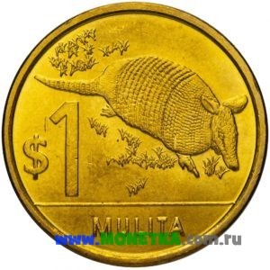 Монета Уругвай 1 песо (peso) 2011 год Девятипоясный броненосец (Mulita) (Dasypus novemcinctus) для коллекционеров-нумизматов на сайте MONETKA.com.ru