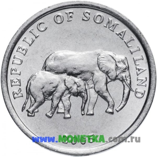 Монета Сомалиленд 5 шиллингов (shilling) 2005 год Саванный слон (Loxodonta africana) для коллекционеров-нумизматов на сайте MONETKA.com.ru