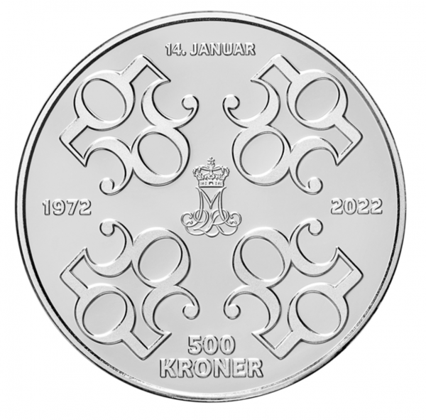 50-летие правления датской королевы Маргрете II на монетах 20 и 500 крон